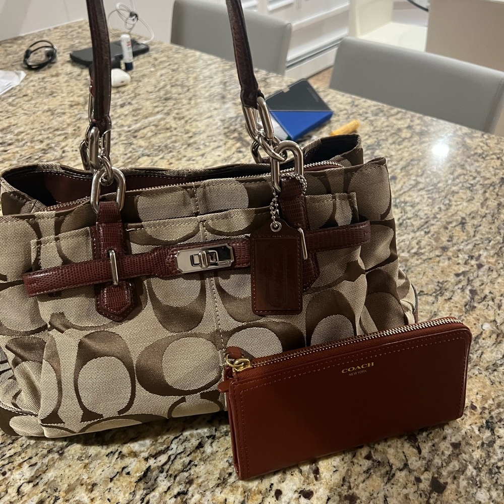Coach Tan and Brown Signature Shoulder Bag with Wallet